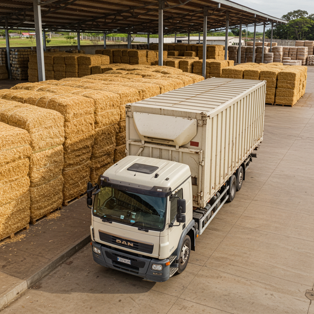 Caminhão carregado com fardos de maravalha pronta para entrega, com o cenário de Feira de Santana, Bahia, ao fundo, destacando a logística eficiente da Mb Maravalha para o Nordeste.
