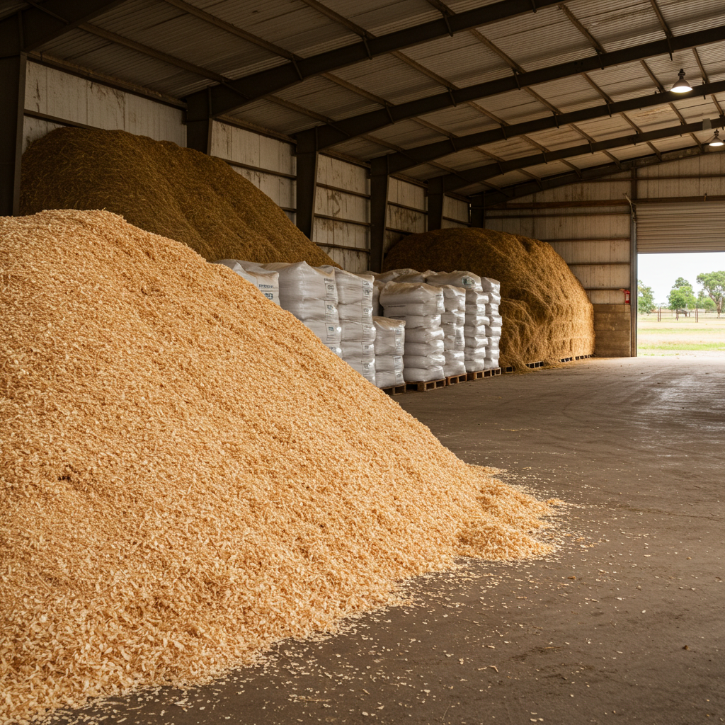Estoque organizado de fardos de maravalha embalada, pronto para distribuição, mostrando a capacidade de produção e a garantia de fornecimento da Mb Maravalha para avicultura e Compost Barn em Feira de Santana, Bahia.