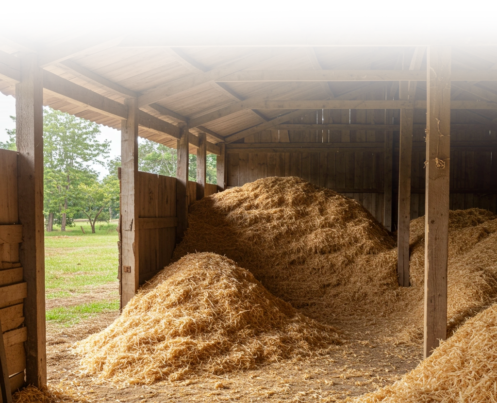 Pilhas de fardos de maravalha embalada a vácuo, prontas para transporte. A imagem mostra o estoque bem-cuidado da Mb Maravalha em Feira de Santana, Bahia, garantindo a qualidade e o fácil manuseio do produto.